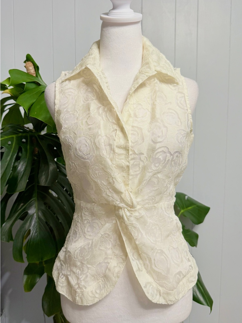 #17)  Sleeveless Cream Textured Knot-Front Blouse with Side zipper